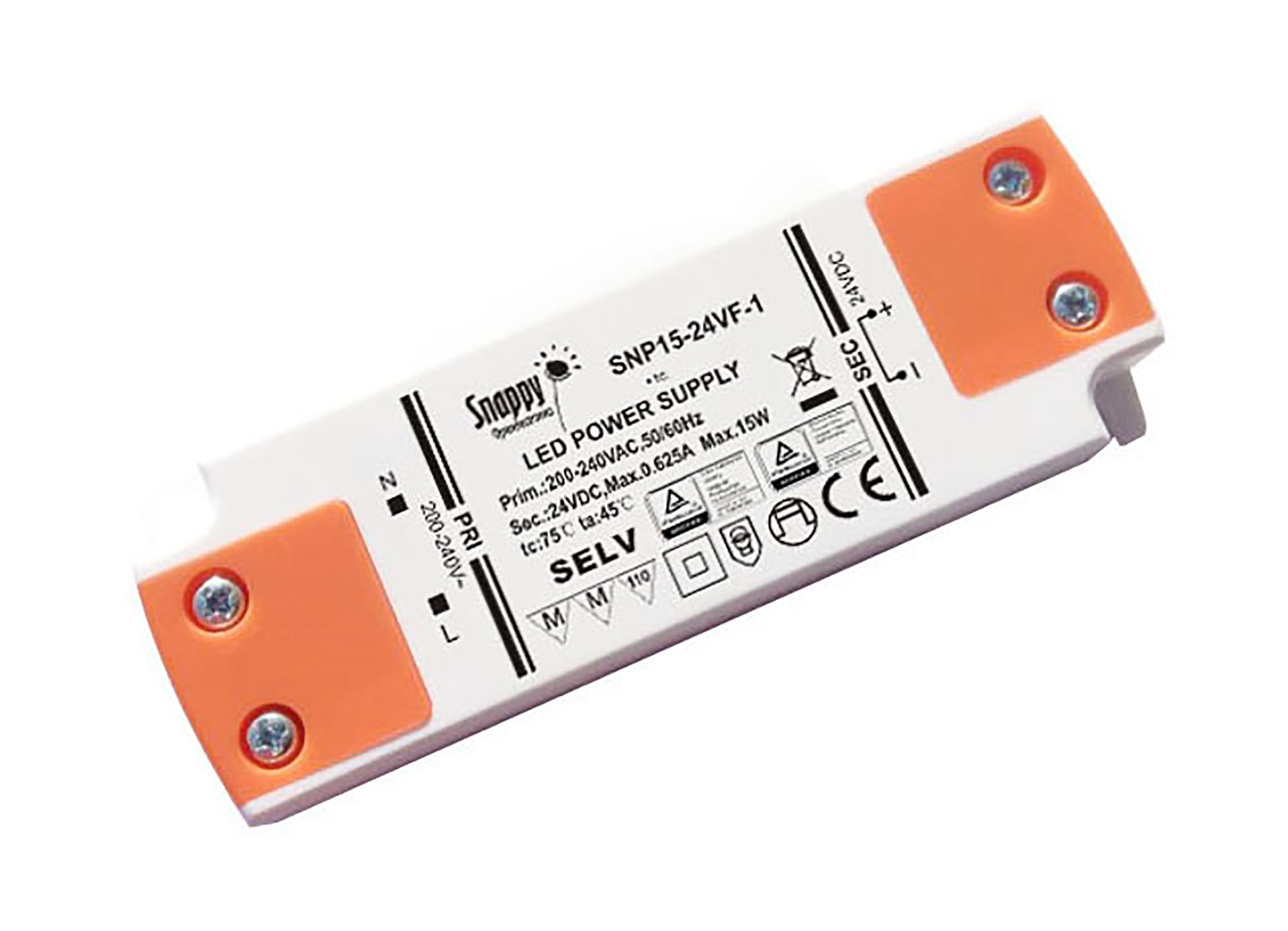 SNP15-24VF-1  15W Constant Voltage Non-Dimmable LED Driver 24VDC 0.625A IP20.